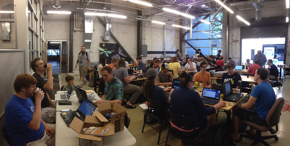 Panoramic View of Nodebots Day PDX.