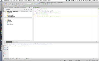 Webstorm, Node.js App Running, w/ OS-X Bar (Click for full size image)