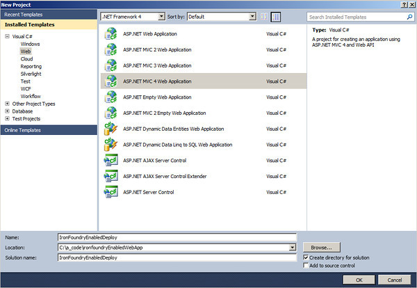 Selecting the ASP.NET MVC 4 Web Application (Click for full size image)