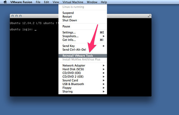 Selecting 'Reinstall VMware Tools' to mount the installation files. Click for full size image.