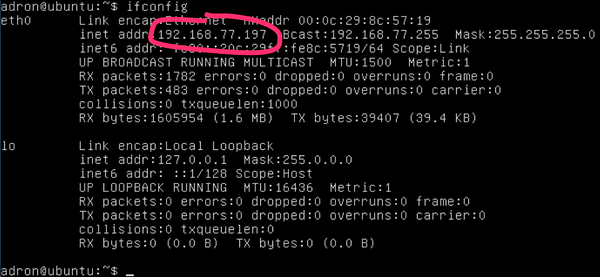The local IP address using the ifconfig command. Click for full size image.