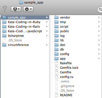 Finder showing the newly created Rails Application in a column display.