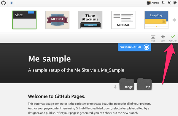 Default Template Selection for Github Pages.