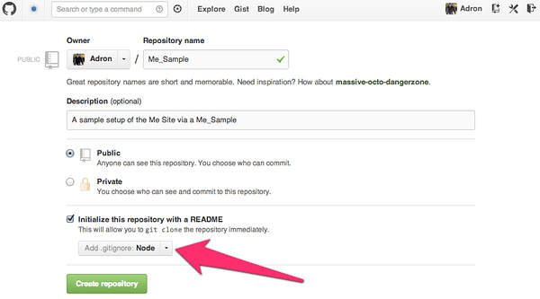 Creating a new github project, setting it up with a default Node.js readme file and .gitignore.