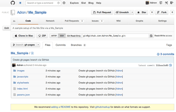 The default files created in an automatically generated Github Pages site.