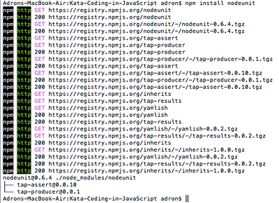 Results from loading nodeunit with npm install.