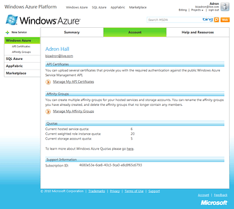 Windows Azure Project Account Properties Windows Azure Project Account Properties