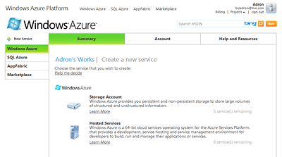 Windows Azure Create a Service Windows Azure Create a Service