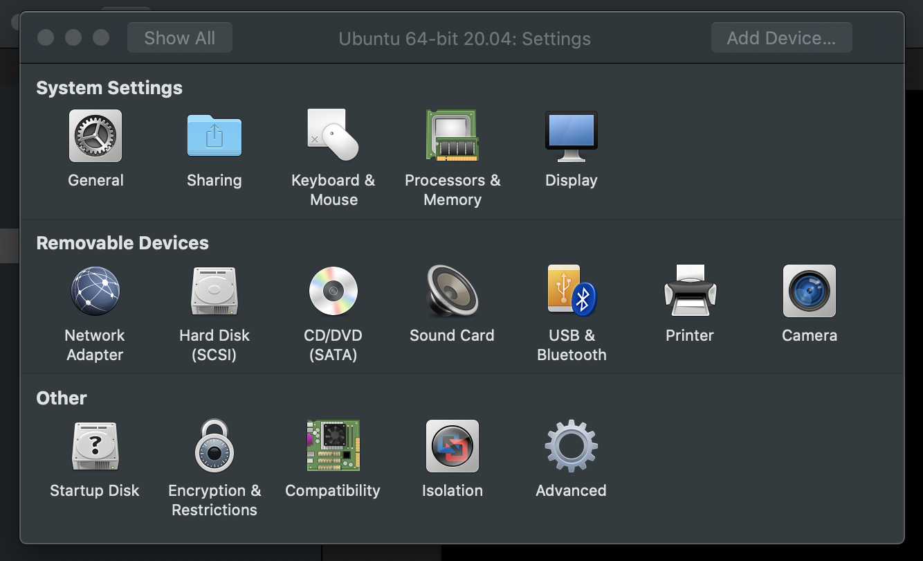 Settings Screen for the Virtual Machine